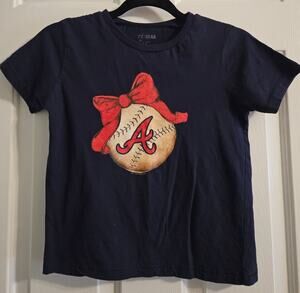 Girls Tiny Turnip TT Navy Atlanta Braves Baseball Bow T-Shirt SS Size Small MLB